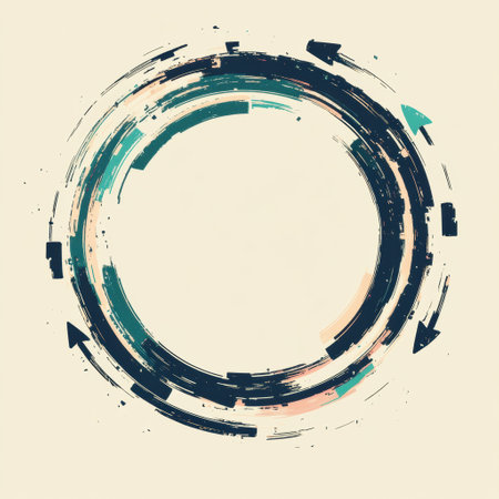 A circular abstract design showcases dynamic arrows and brush strokes in muted colors against a soft background, highlighting movement.の素材