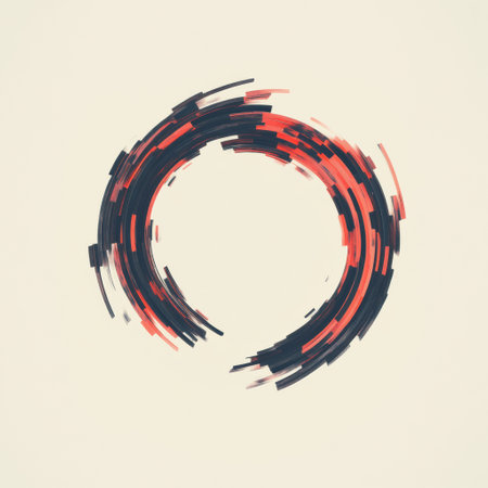 Abstract artwork features a dynamic swirl of red and black lines forming a circular shape against a pale background.の素材