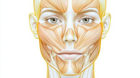This detailed anatomical illustration reveals the facial muscles and their contours for better understanding of human anatomy and structure.の素材