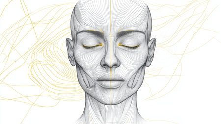 Illustration showcases intricate facial muscles and contours, serving as a valuable educational reference for anatomy and physiology.の素材