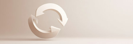 A white recycling symbol is displayed prominently against a soft beige backdrop, emphasizing sustainability and eco friendliness in design.の素材