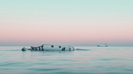 Broken airplane parts are seen gently floating on a calm ocean, with a distant ship appearing under a pastel sky at sunset.の素材