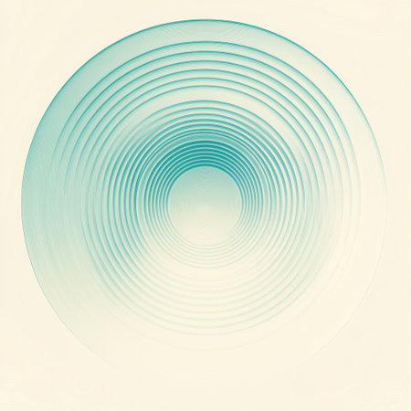 Concentric circles in a gradient of muted turquoise and soft cream create an abstract design that evokes calmness and tranquility.の素材