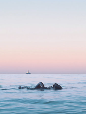 Floating remnants of an aircraft lie peacefully on the surface of a tranquil ocean, with a distant boat amid soft hues at dusk.の素材