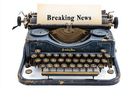 A vintage typewriter displays a blank sheet featuring the bold headline Breaking News, capturing the essence of urgent announcements.の素材