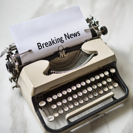 A vintage typewriter sits on a wooden desk, showcasing a blank sheet with bold letters Breaking News, ready for a new story.の素材