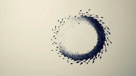 Abstract design features a circular formation of arrows in black and white, creating a sense of movement and energy on a minimalist backdrop.の素材