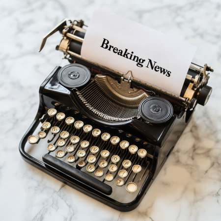 A classic typewriter featuring a blank page with bold letters stating breaking news sits on a stylish marble table, evoking nostalgia.の素材