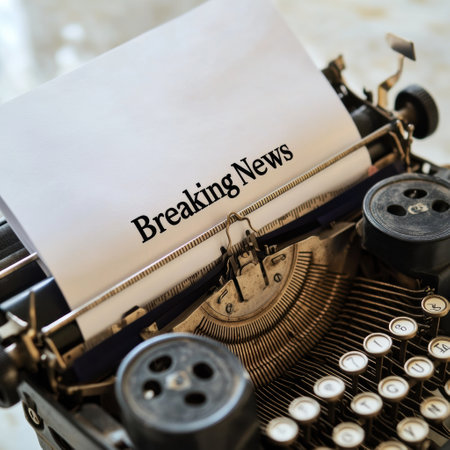 A vintage typewriter sits on a wooden desk with a blank sheet featuring bold text of breaking news, evoking a classic journalist vibe.の素材