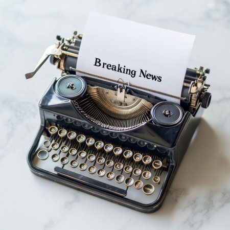 A vintage typewriter displays a bold breaking news headline on a blank sheet of paper, reflecting a nostalgic atmosphere in a writing space.の素材