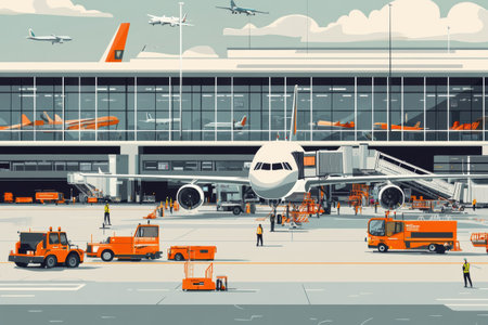 Numerous airplanes are parked at the terminal while workers and vehicles actively service them amidst bustling activity.の素材