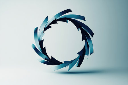 Stylized arrows in various shades of blue form a circular arrangement, creating a sense of motion in a minimalist indoor space.の素材