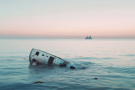 Fragments of an airplane float serenely on the still ocean surface, viewed during a peaceful evening at sunset.の素材