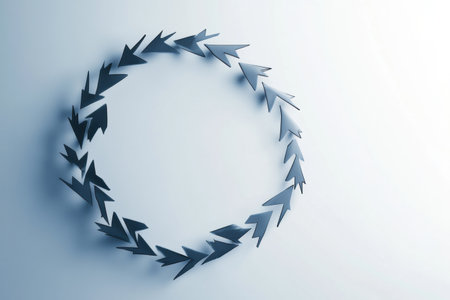 A collection of sharp arrows is arranged in a circle, showcasing a clean and modern design against a smooth surface.の素材