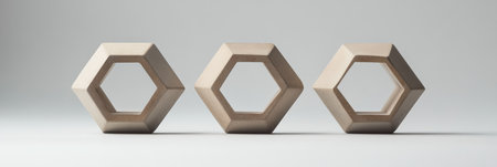 Three hexagonal sculptures are positioned in a straight line, highlighting their unique shapes and neutral colors in a minimalist environment.の素材