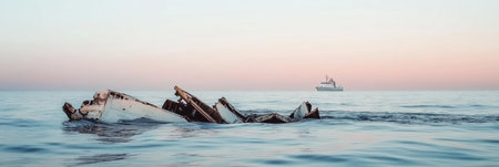 Airplane debris drifts peacefully on tranquil ocean waves while a distant ship approaches under a fading sky at sunset.の素材
