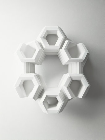 A creative arrangement of white hexagonal shapes a striking circular design against a plain background, showing modern aesthetics.の素材