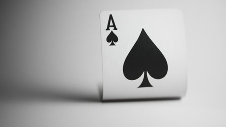 Close up reveals an ace of spades card elegantly displayed, highlighting its sleek design and unique textures in soft light.の素材