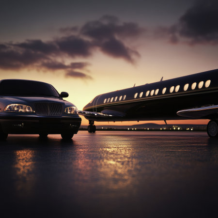 A sleek luxury private jet sits on the runway during dusk, while a stylish limousine waits nearby for its passengers.の素材