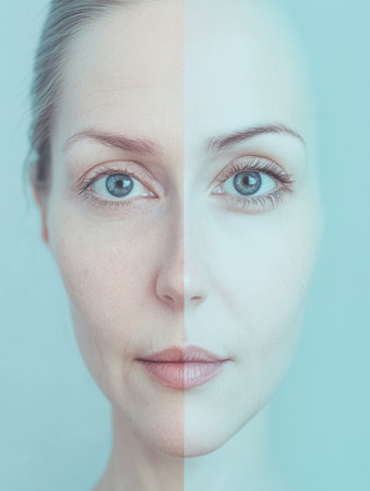 Two faces are shown next to each other, one representing the effects of aging with visible lines, while the other appears smooth and youthful.の素材