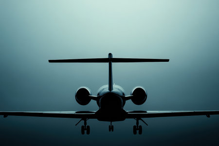 A striking silhouette of an airplane ascends into the misty dawn sky above a tranquil urban landscape, evoking a sense of adventure.の素材