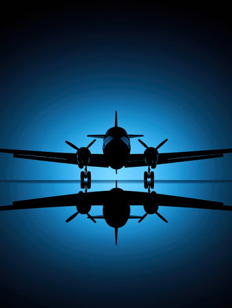 A silhouette of a stylish airplane stands out against a striking blue background, showing its clean lines and elegant design during twilight.の素材