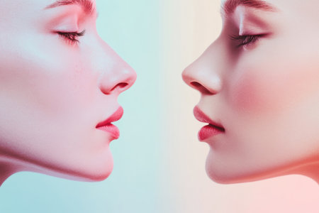 Two women face each other, one showing the signs of aging, while the other embodies youthful smoothness and vitality, contrasting their features.の素材