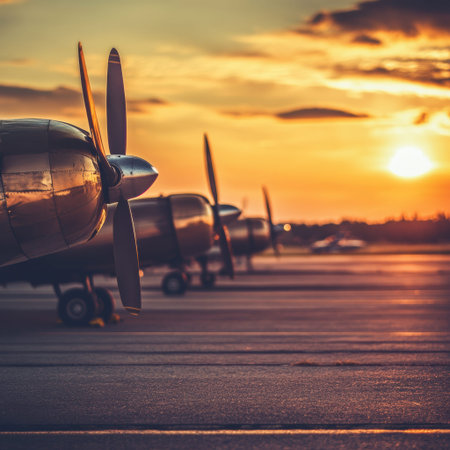 Vintage airplanes are lined up on the airfield as the sun sets, casting a warm glow over the scene and highlighting their classic design.の素材