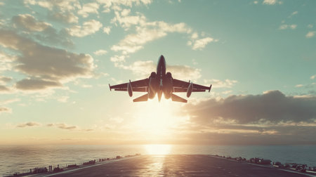 Fighter jet accelerates down the flight deck of an aircraft carrier at dusk, ascending into a colorful sky over the calm sea.の素材