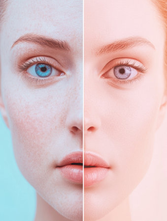 Side by side, two faces showcase contrasting features; one reveals aging signs while the other displays smooth, youthful skin.の素材