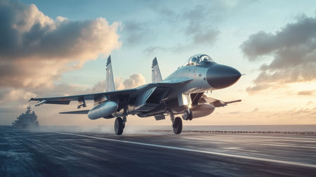 A sleek military fighter jet accelerates down the runway, lifting off from the aircraft carrier amidst a vibrant sunrise.の素材