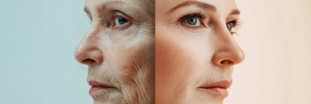 Two faces are shown side by side, one exhibiting visible aging signs and the other featuring smooth, youthful skin under soft lighting.の素材