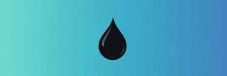 A black drop symbol is centered on a light blue gradient backdrop, emphasizing modern design and minimalism in digital art.の素材