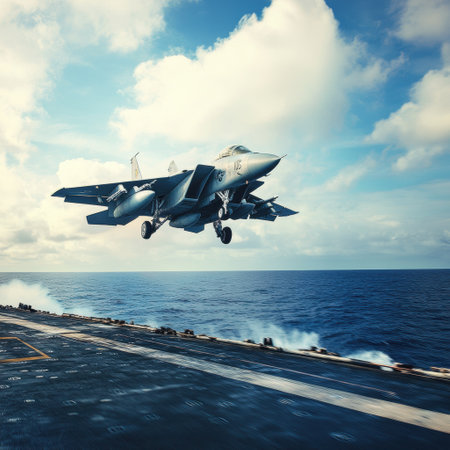 Fighter jet ascends from an aircraft carrier deck, showcasing military power against a backdrop of blue skies and ocean waves.の素材