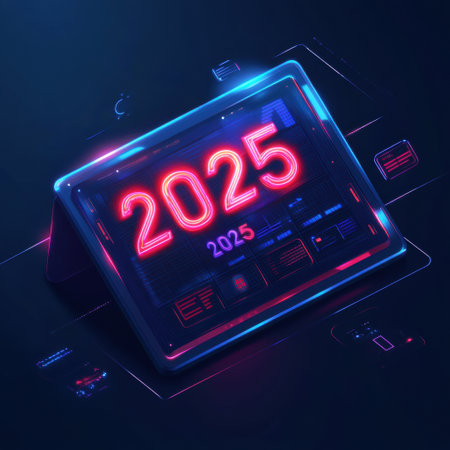 Digital calendar displaying the year 2025 with sleek design and glowing neon elements in an advanced futuristic environment.の素材