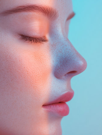 Two faces present a clear contrast, one exhibiting signs of aging while the other remains smooth and youthful, highlighting the passage of time.の素材