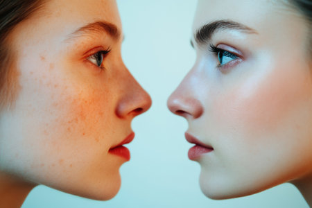 Two faces are positioned closely, showing contrasting skin conditions, one marked by age and the other smooth and youthful.の素材