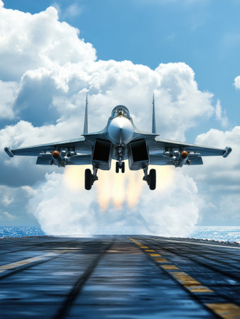 A military fighter jet ascends rapidly from an aircraft carrier, leaving trails of vapor in its wake as it soars over the open ocean.の素材