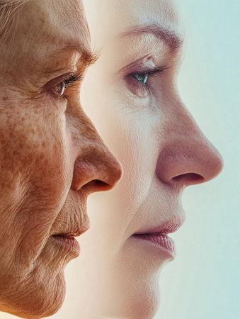 Two faces positioned next to each other highlight the visible differences between aging and youthful skin, illustrating times impact on appearance.の素材