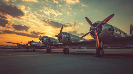 Lined up at the vintage airfield, retro airplanes reflect the warm hues of the sunset and create a nostalgic ambiance with their classic designs.の素材