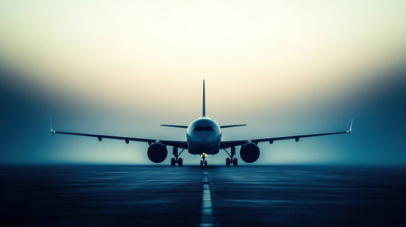 An airplane silhouette stands out on the runway at dawn, ready for takeoff amid a serene, misty atmosphere creating an elegant composition.の素材