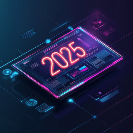 Sleek calendar features the year 2025 in glowing neon, surrounded by digital elements and an advanced interface representationの素材