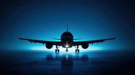A sleek airplane silhouette stands out against a dark backdrop, illuminated with blue light creating a dramatic and captivating effect.の素材