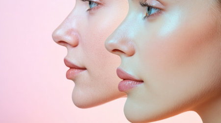 Two distinct faces reflect the passage of time, one displaying signs of aging while the other represents youthful vitality against a soft background.の素材