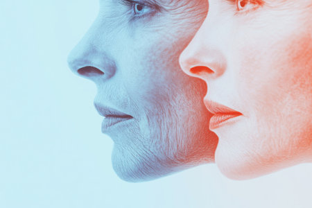 Two faces are juxtaposed, one showing signs of aging while the other remains smooth and youthful, highlighting the passage of time.の素材