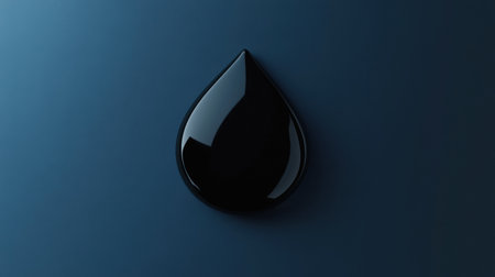 A glossy black drop of liquid rests on a smooth dark surface, reflecting light and creating a striking visual effect.の素材