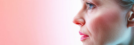 Two faces appear side by side, illustrating the contrast between a smooth, youthful visage and one showing visible aging signs.の素材