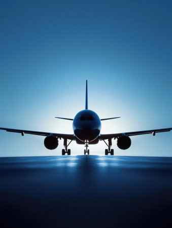 A silhouetted airplane stands out against a vibrant blue sky at dusk, showcasing elegant lines and a powerful presence in the air.の素材