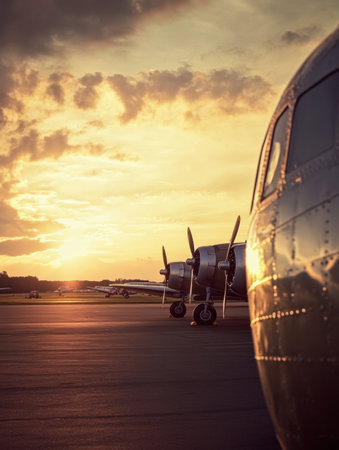 Vintage aircraft stand in neat rows on an airfield as the sun sets, casting warm light over the scene and enhancing nostalgia for aviations past.の素材
