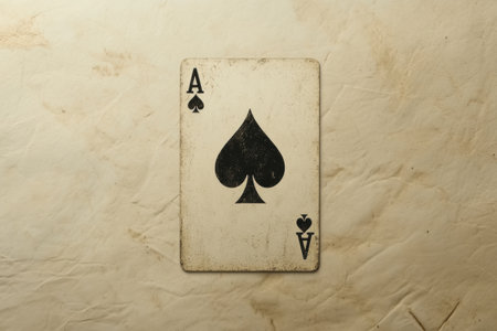 An ace of spades playing card rests on a textured, aged paper surface, showing its iconic design in a softly lit environment.の素材